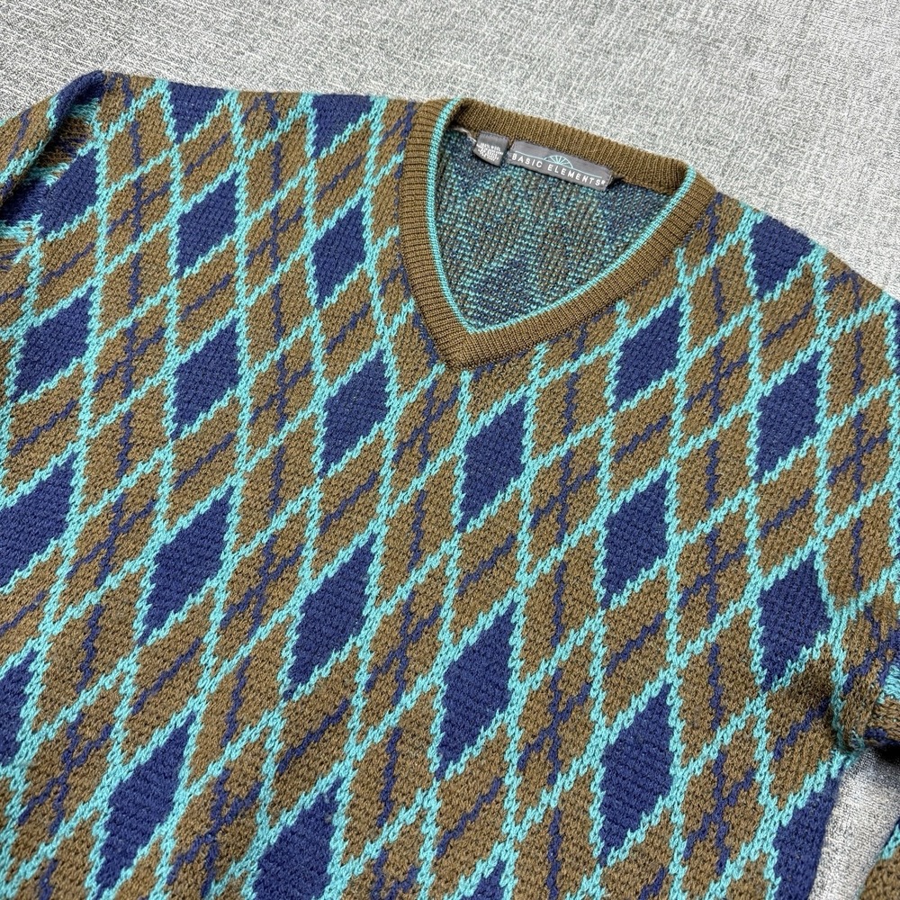 Vintage Basic Elements Sweater Mens XL Wool V Neck Argyle‎ Blue Brown Knit